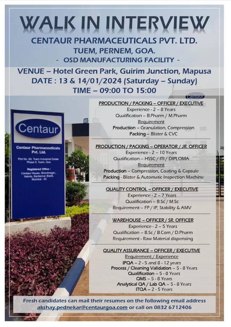Centaur Pharmaceuticals - Walk-Ins for Production, Packing, Q, QA, Warehouse on 13th & 14th Jan 2024